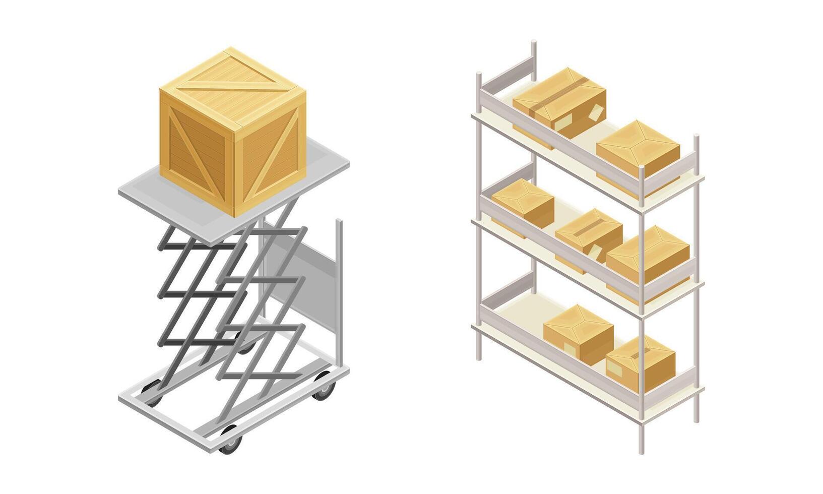 Warehouse objects set. Cardboard boxes on racks. isometric illustration vector