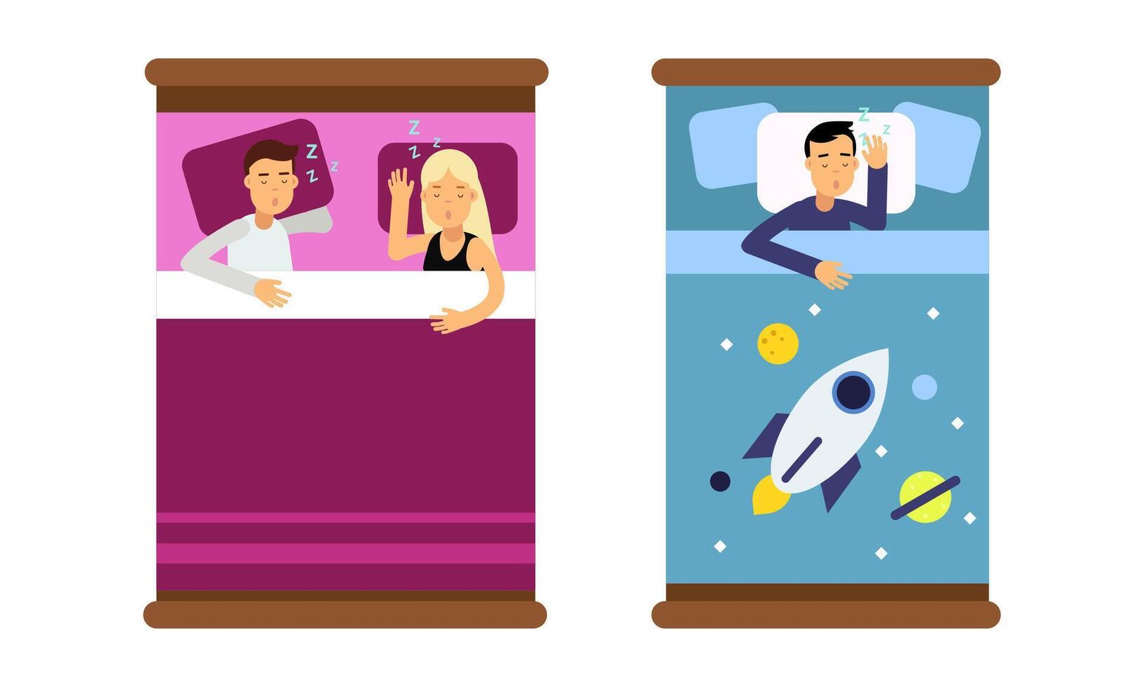 People sleeping in beds set. Top view of family couple and boy lying under blanket in pajamas asleep at night cartoon illustration vector