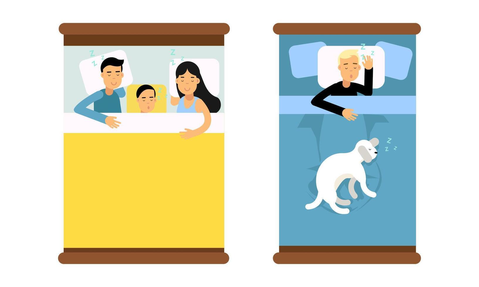 People sleeping in beds set. Top view of people and pet lying under blanket in pajamas asleep at night cartoon illustration vector