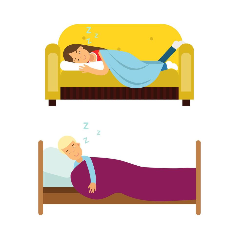 People sleeping set. Girl and boy lying under blanket asleep at night cartoon illustration vector