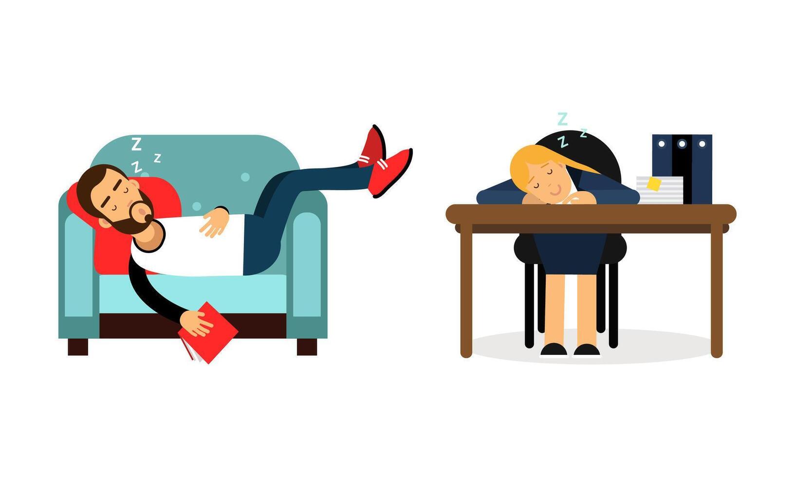 Sleeping people set. Man and woman napping in armchair and office desk cartoon illustration vector