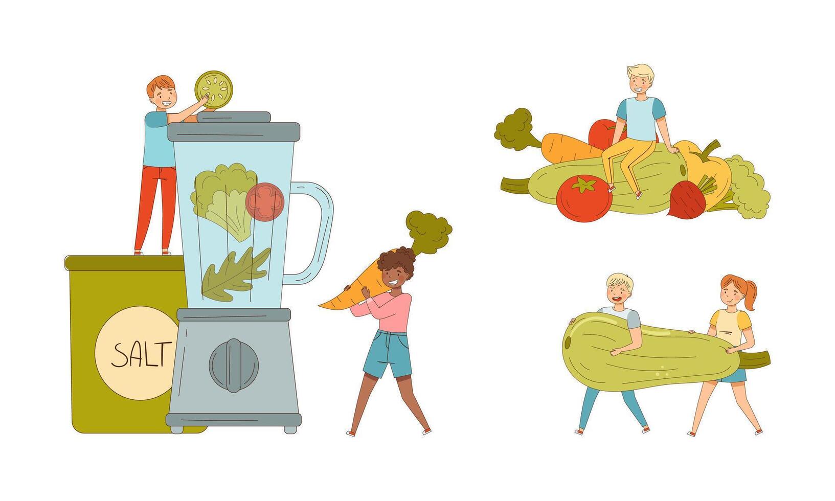 People eating and cooking healthy vegetarian food. Healthy lifestyle, vegetarian diet cartoon illustration vector
