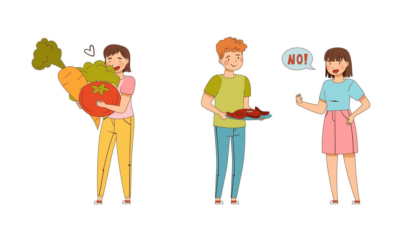 People eating healthy vegetarian food. Healthy lifestyle, vegetarian diet. Environment preservation and ecology protection cartoon illustration vector