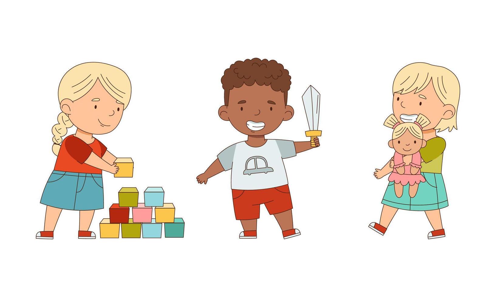 Kids playing with toys together set. Boy and girl playing with blocks, sword and doll cartoon illustration vector