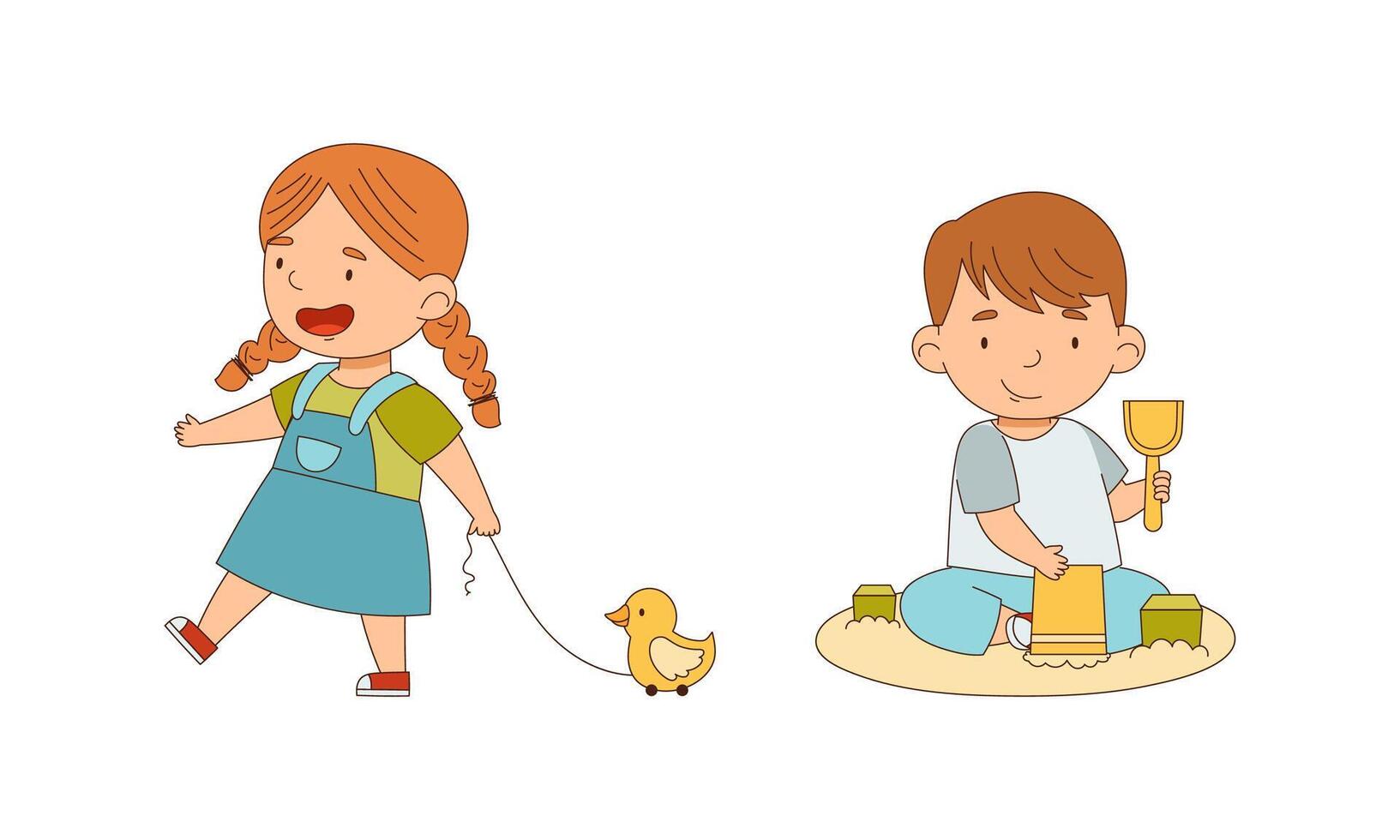 Kids playing with toys together set cartoon illustration on white background vector