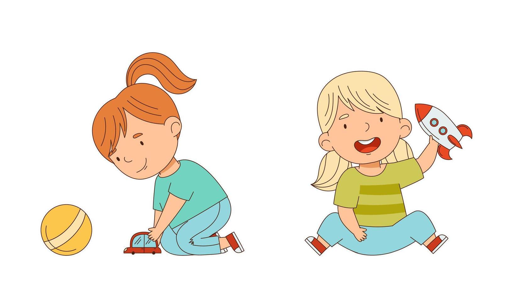 Kids playing with toys together set. Happy girls playing with rocket, car and ball cartoon illustration vector