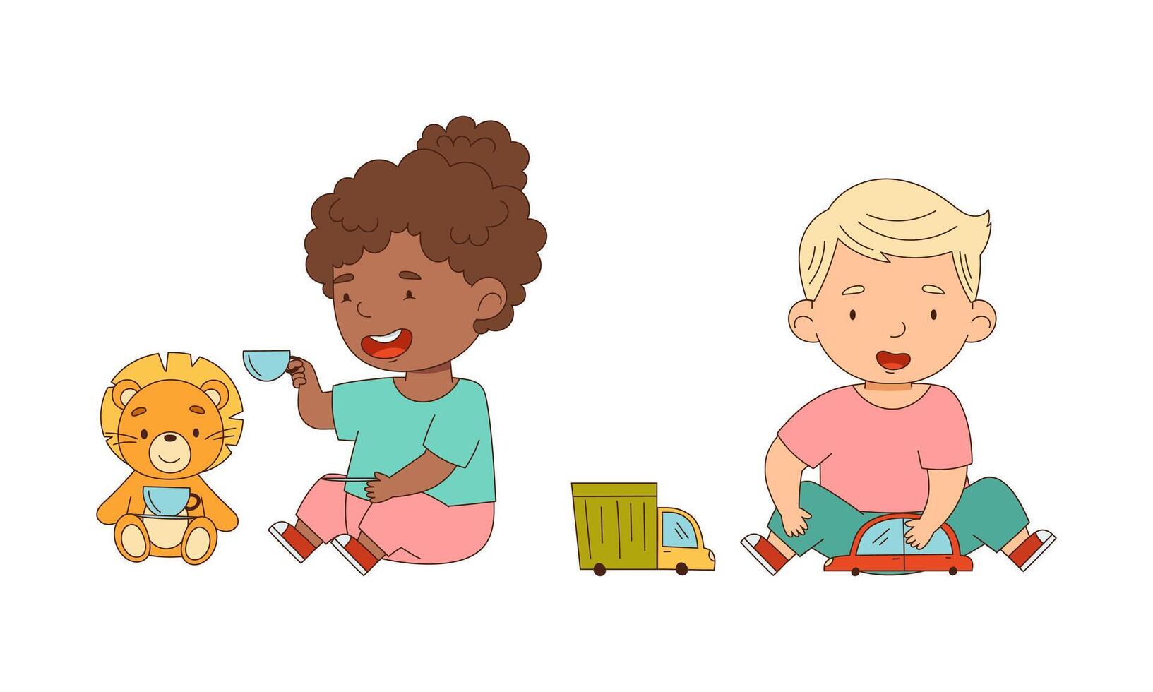 Kids playing with toys together set. Boy and girl playing tea party and car cartoon illustration vector