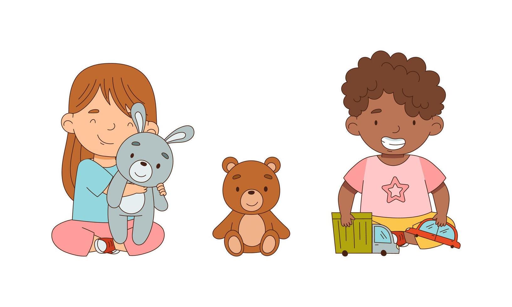 Cute happy boy and girl playing with toys set cartoon illustration vector