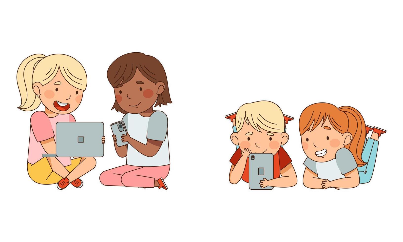 Cute kids using gadgets set. Boy and girl playing smartphone and laptop computer cartoon illustration vector