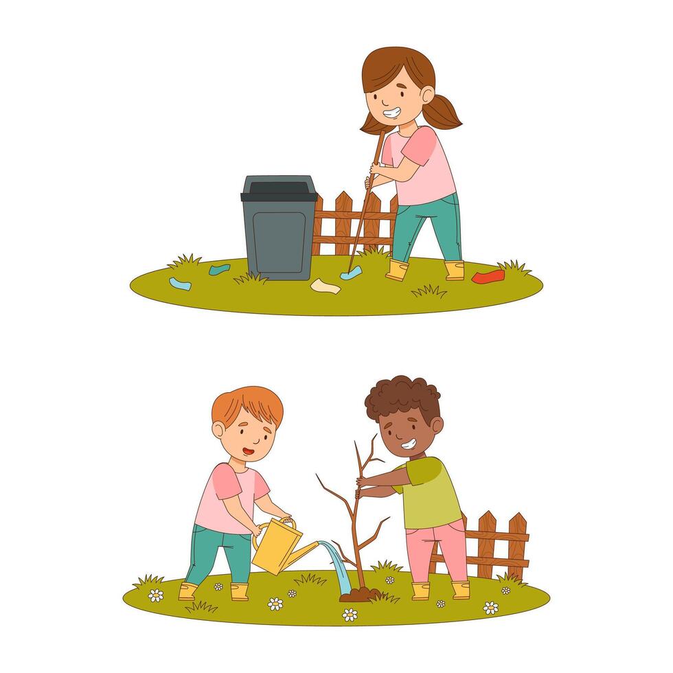 Kids spring activities set. Cute children working in garden. Boy and girl planting tree and raking leaves cartoon illustration vector