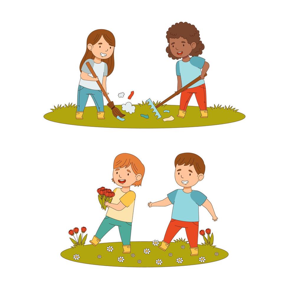 Kids spring activities set. Cute children raking trash and picking up flowers cartoon illustration vector