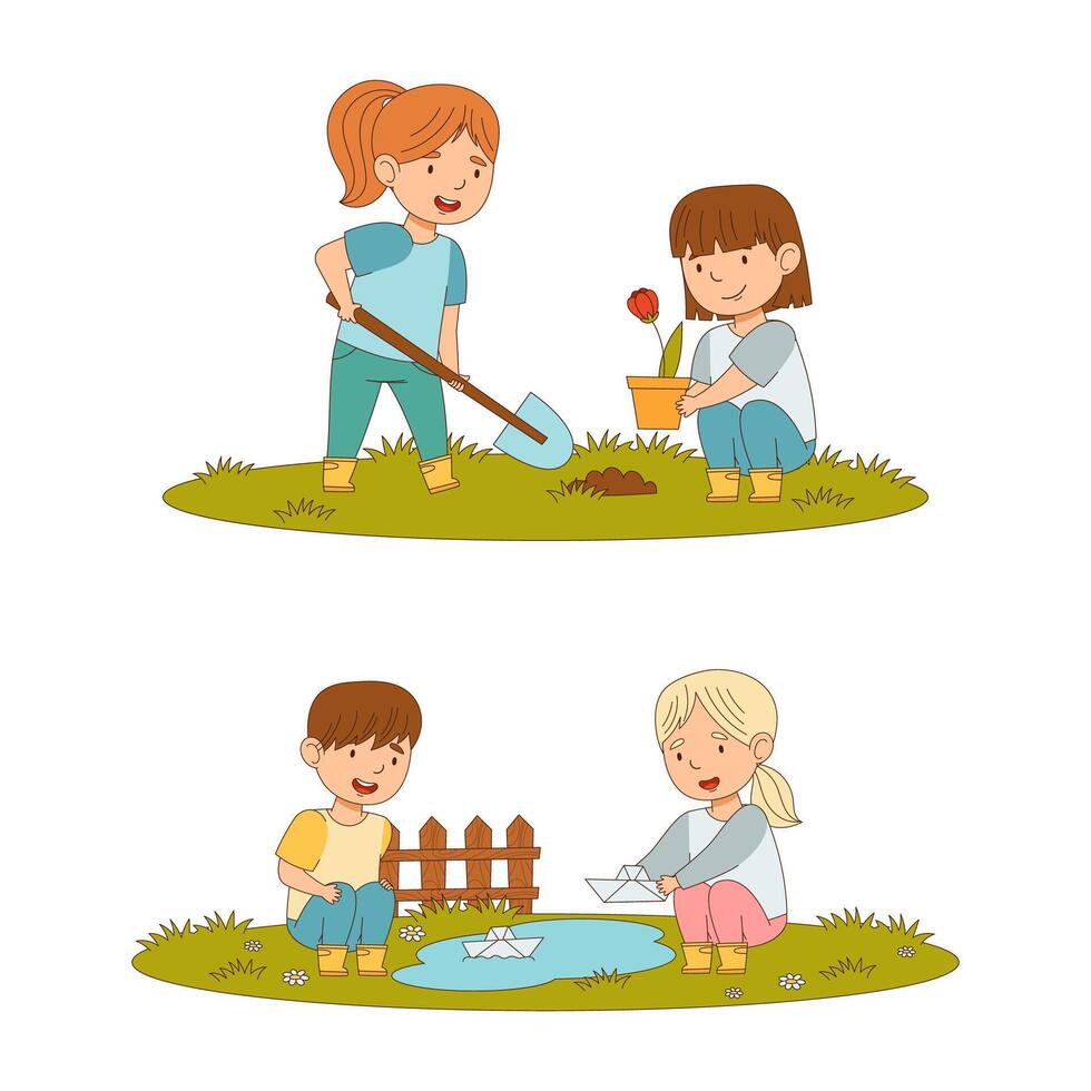 Kids spring activities set. Cute children working in garden. Boys and girls planting flowers and playing with paper boat in puddle cartoon illustration vector