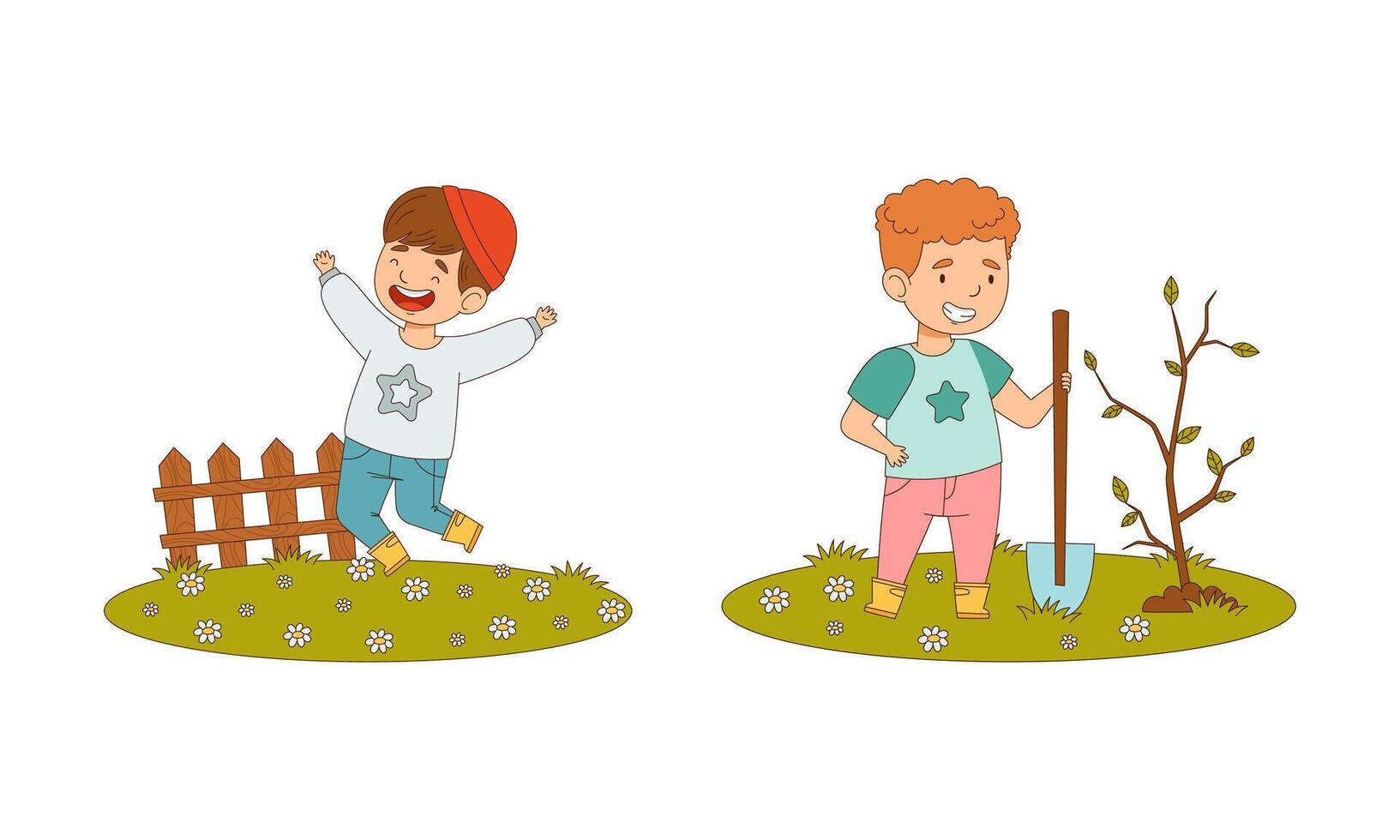 Kids spring activities set. Cute children working in garden. Boys planting sapling and having fun outdoors cartoon illustration vector