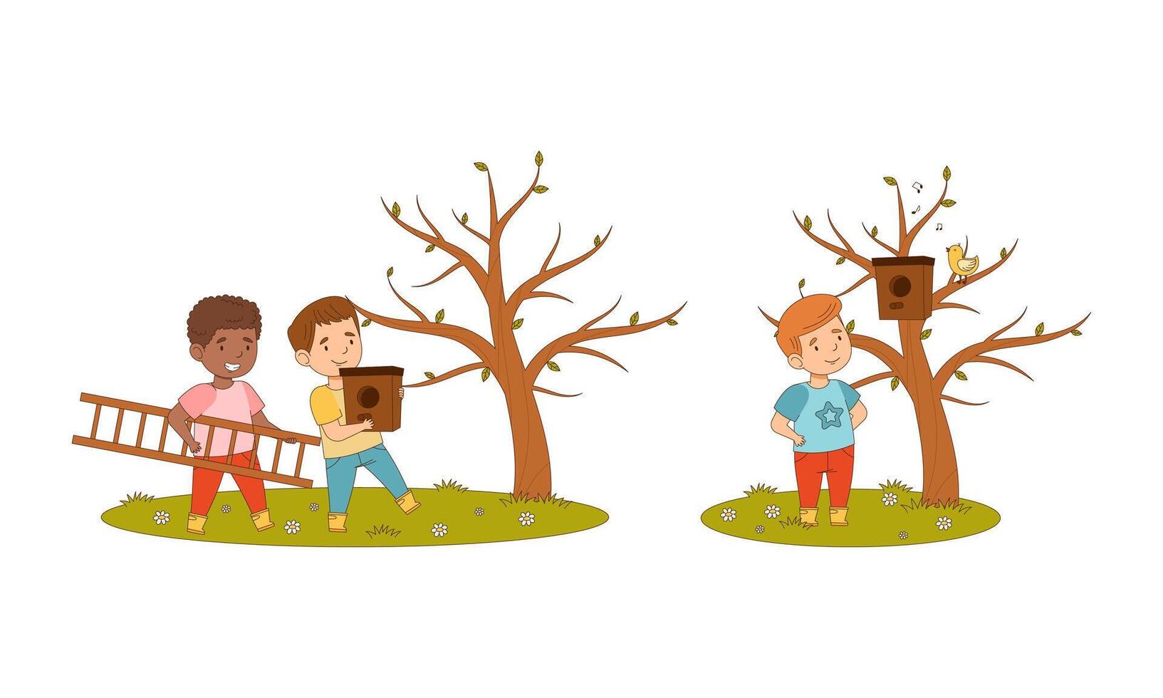 Kids spring activities set. Boys hanging birdhouses on trees cartoon illustration vector