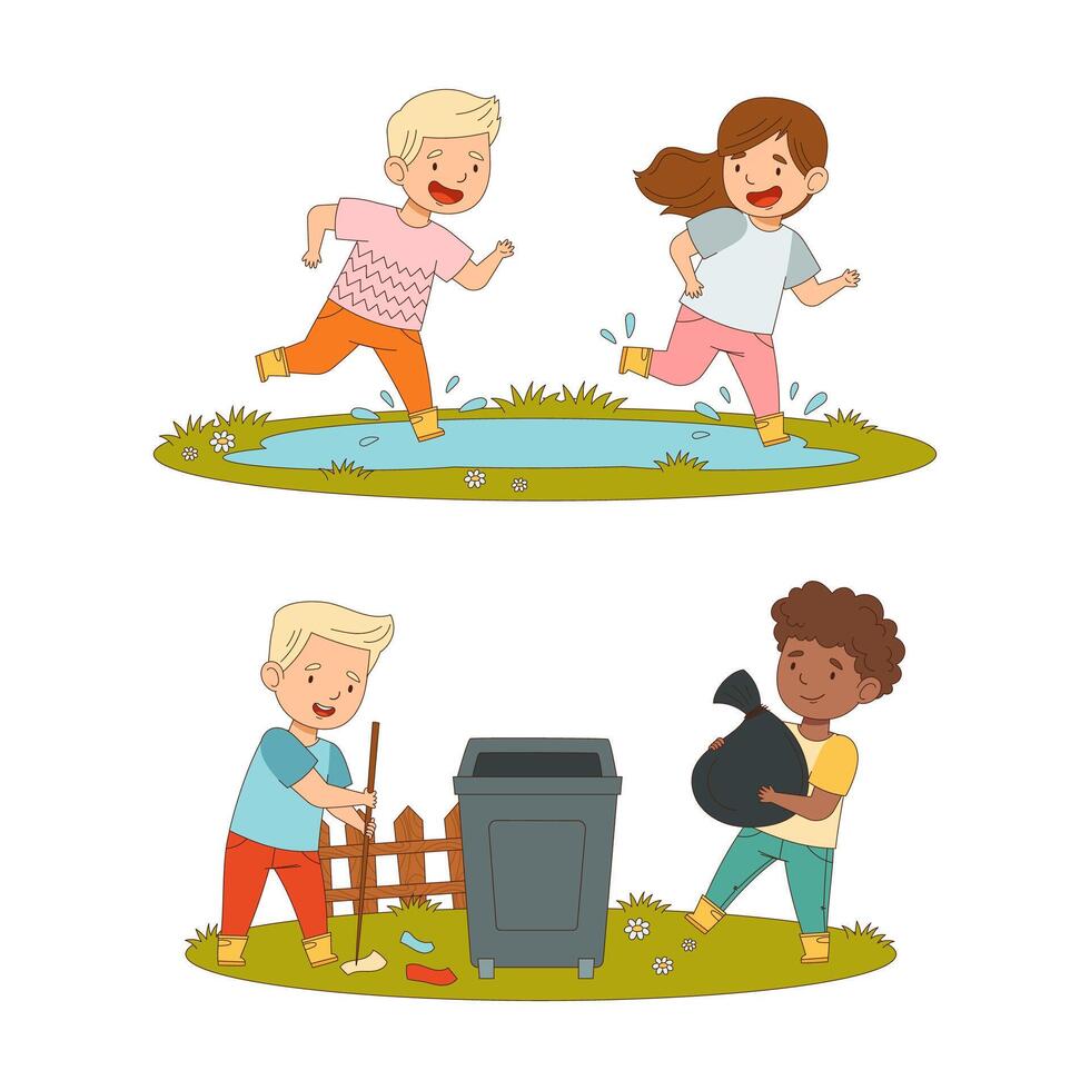Kids spring activities set. Cute children in rubber boots jumping in puddles and cleaning up city park cartoon illustration vector