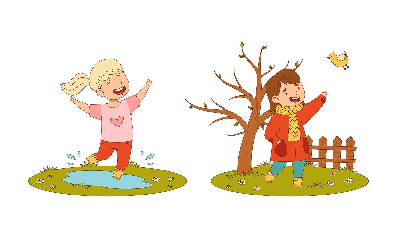 Kids spring activities set. Girls jumping in puddles and walking in park cartoon illustration vector