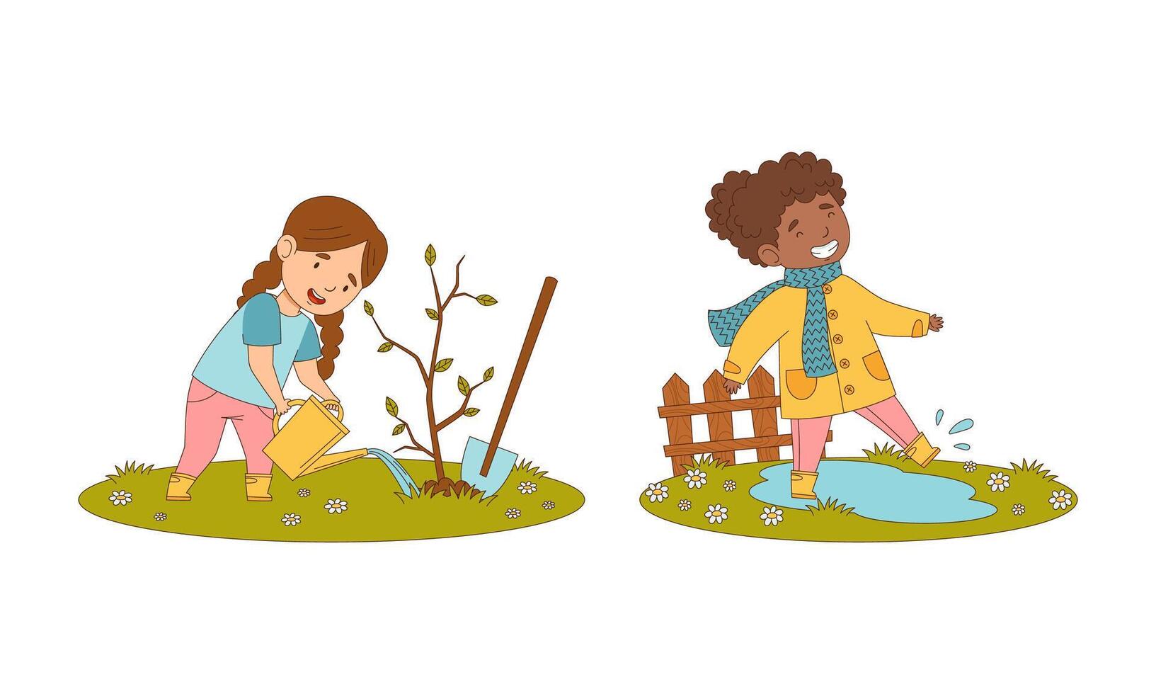 Kids spring activities set. Cute children working in garden. Girls planting tree and jumping in puddles cartoon illustration vector