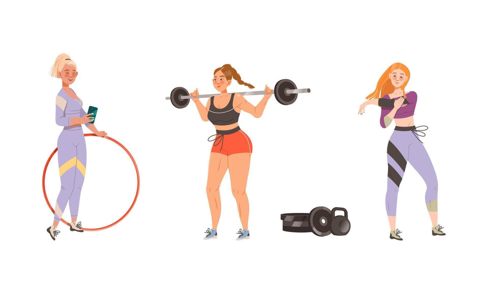 Women doing different sport exercises set. Girls training with hula hoop and barbell cartoon illustration vector