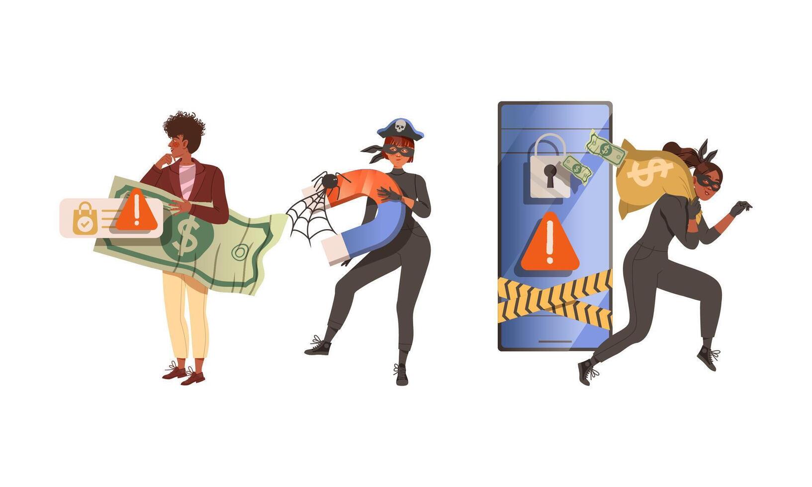 Female hacker criminals in black masks stealing personal data and money. Cybercrime and cybersecurity concept cartoon illustration vector