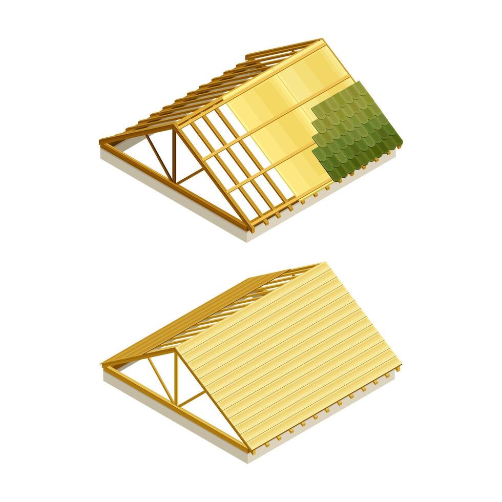 Wooden roof frame covering with tile. Residential building under construction illustration vector