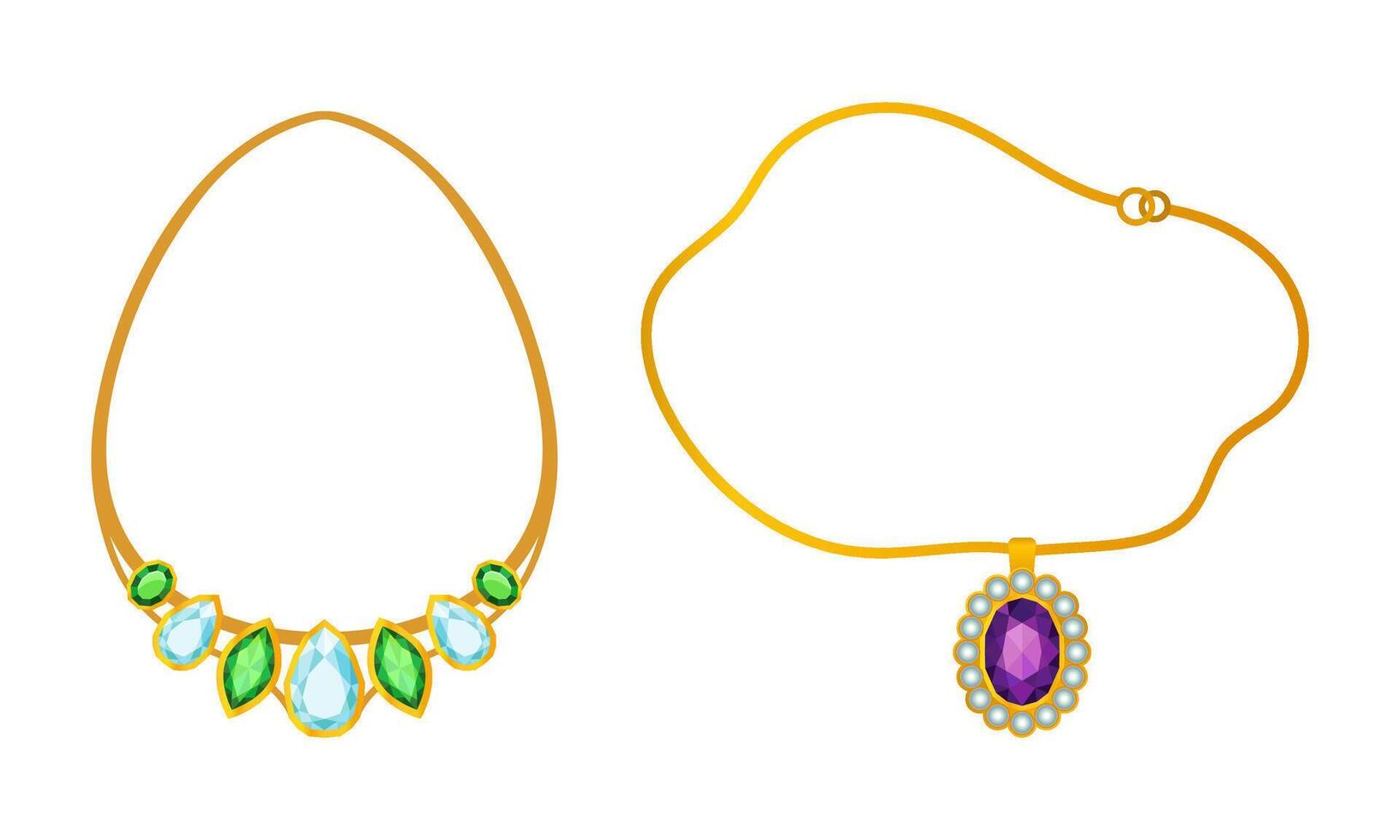 Fashionable gold jewelry set. Beautiful necklace with gemstones cartoon illustration vector