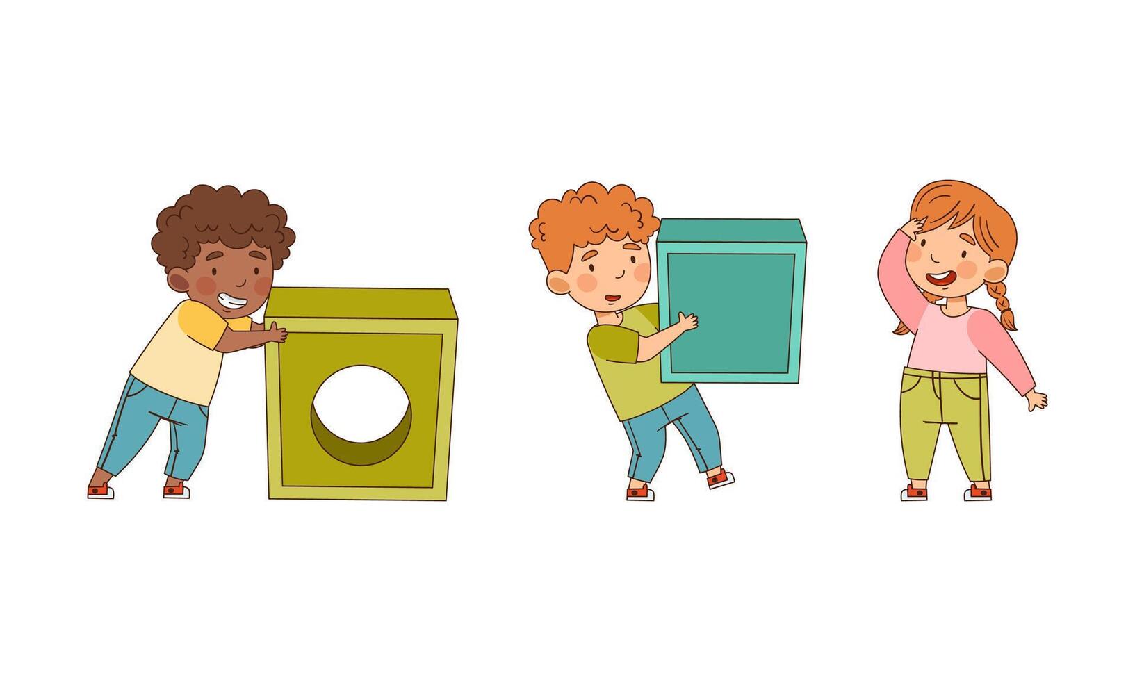 Cute little girl and boys playing with stuffed toy blocks cartoon illustration vector