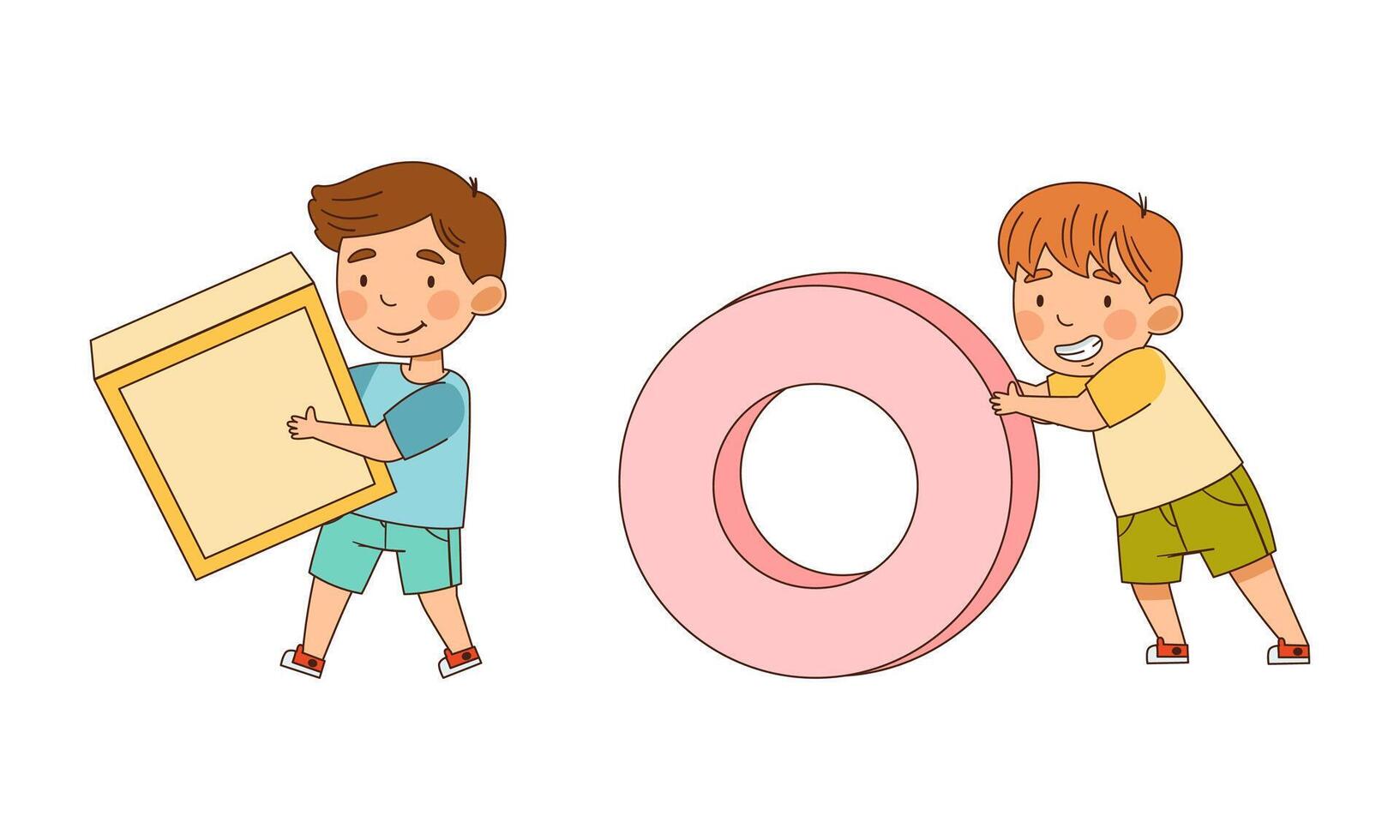 Cute happy little boys playing with stuffed toy blocks cartoon illustration vector