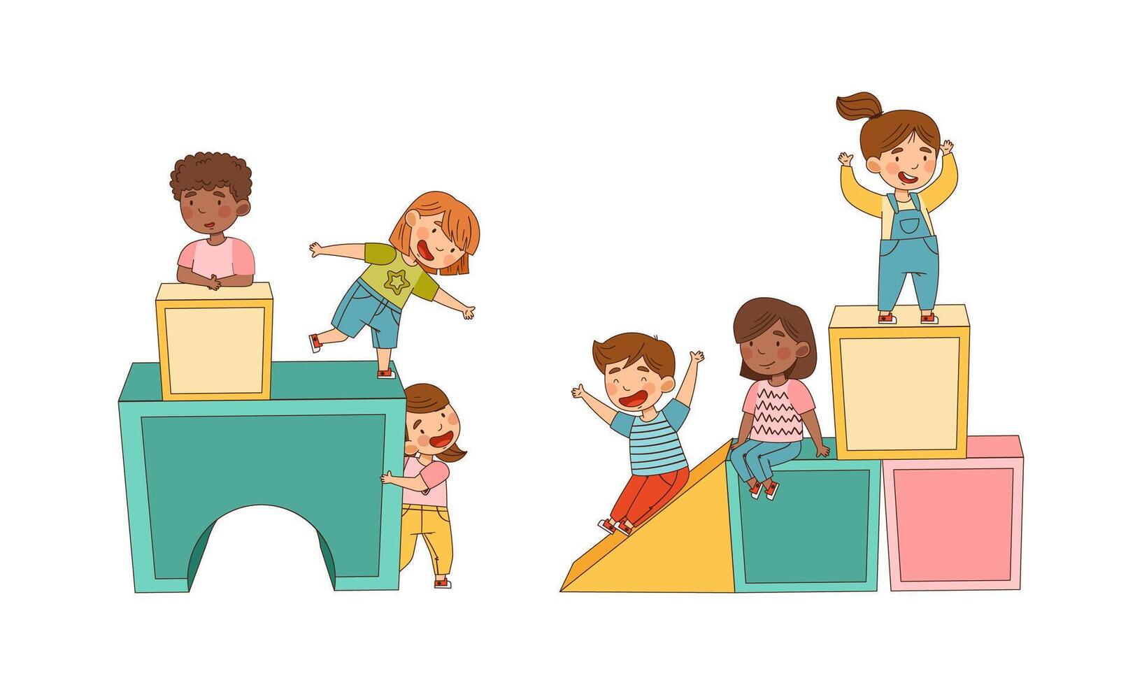 Happy kids playing colorful big toy blocks cartoon illustration vector
