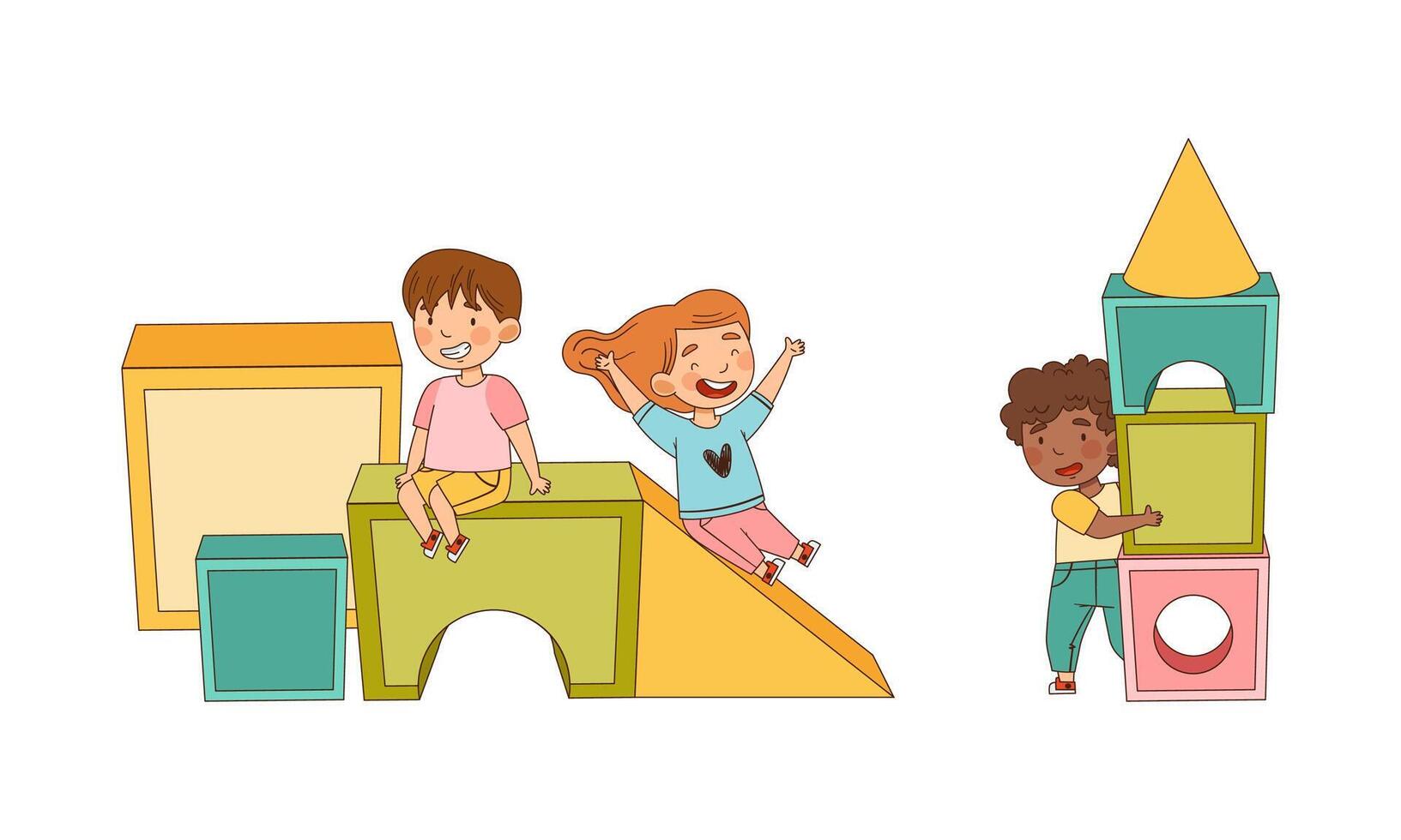 Adorable kids playing colorful big toy blocks cartoon illustration vector