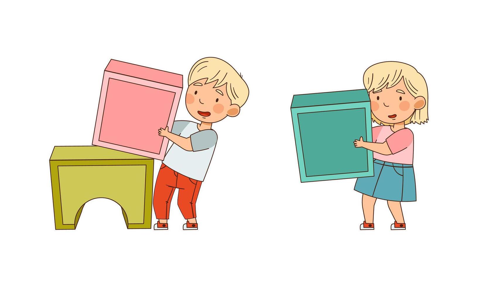 Adorable little girl and boy playing with stuffed big toy blocks cartoon illustration vector