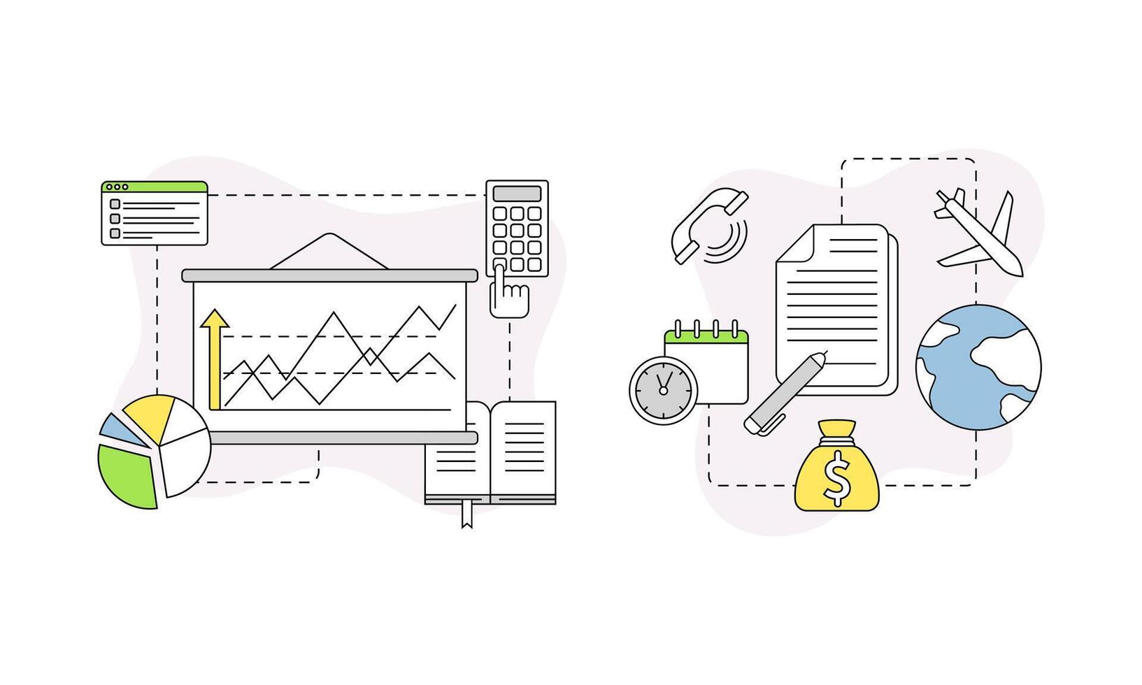 Business management lined symbols set. Business analytics, planning, investment illustration vector