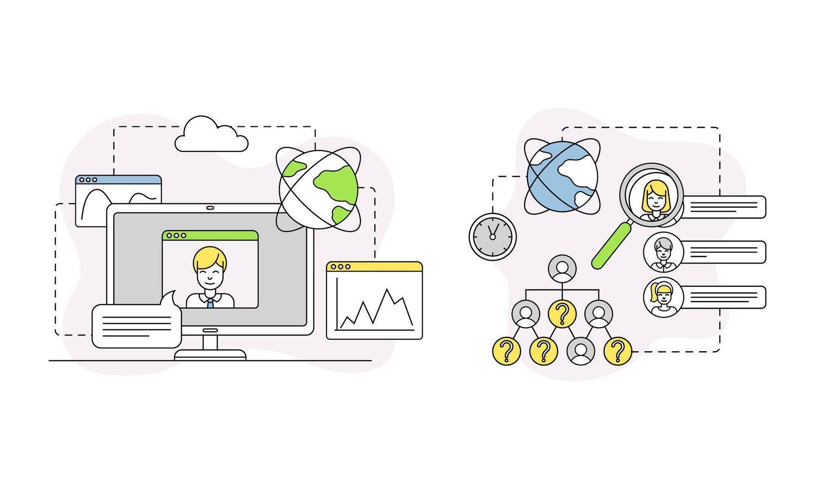 Human resource management, online communication and finance lined symbols illustration vector
