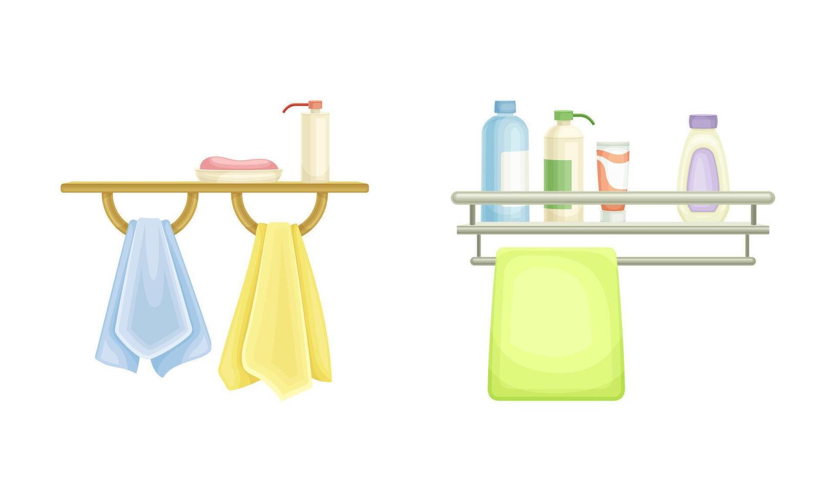 Bathroom elements set. Hanging towels and cosmetics cartoon illustration vector