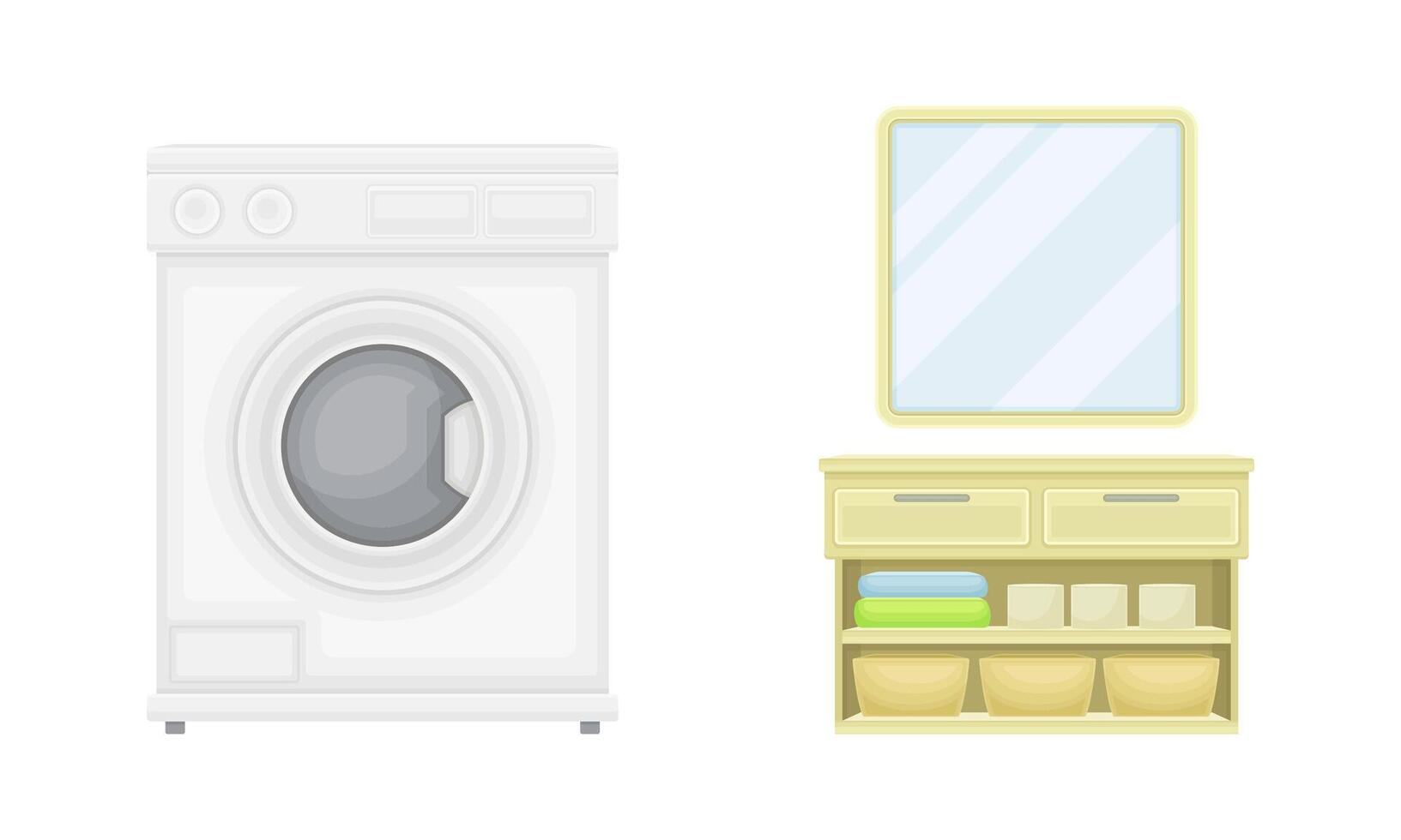 Bathroom interior elements set. Washing machine and mirror cartoon illustration vector