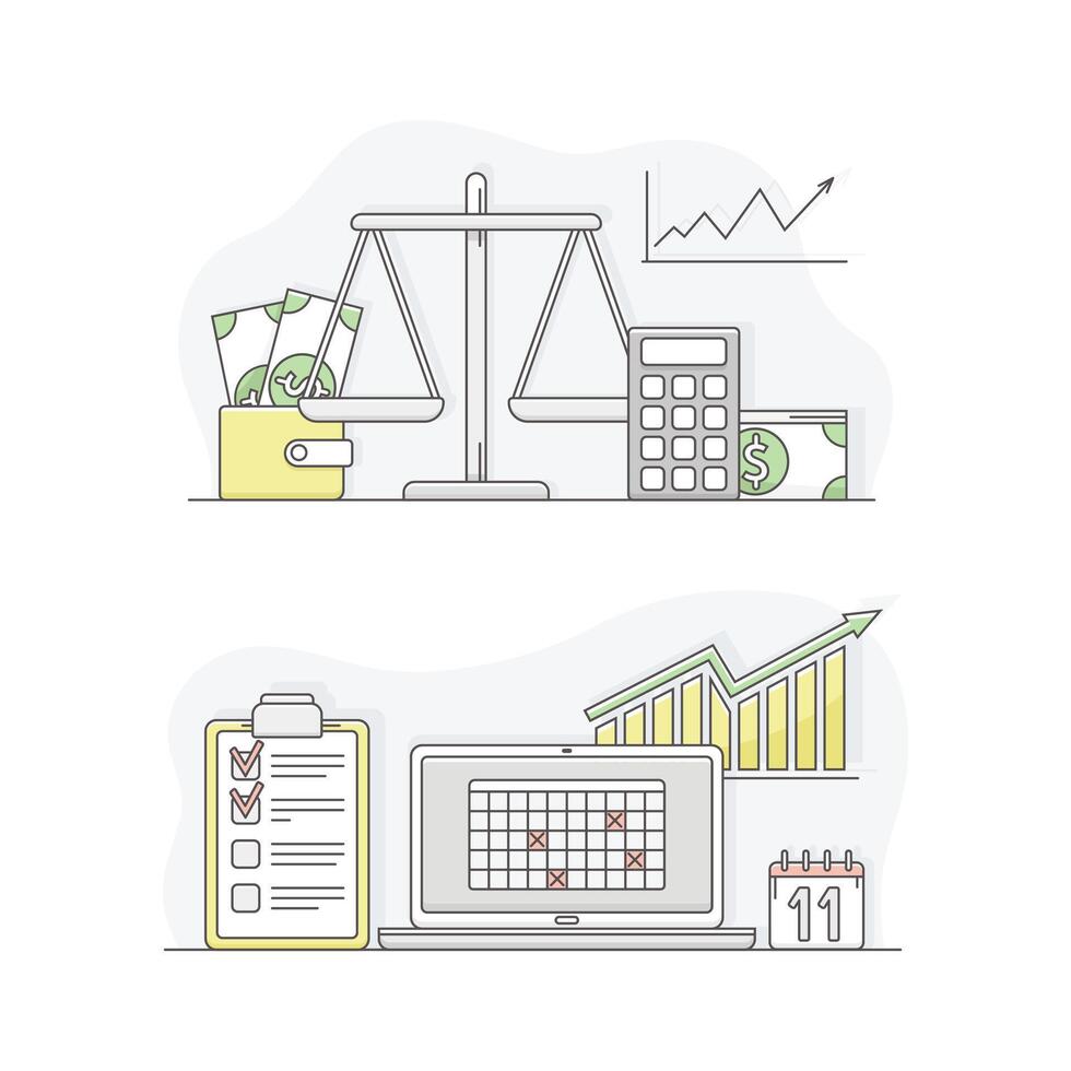 Business analytics symbols set. Finance, marketing and tax counting system concept lined illustration vector