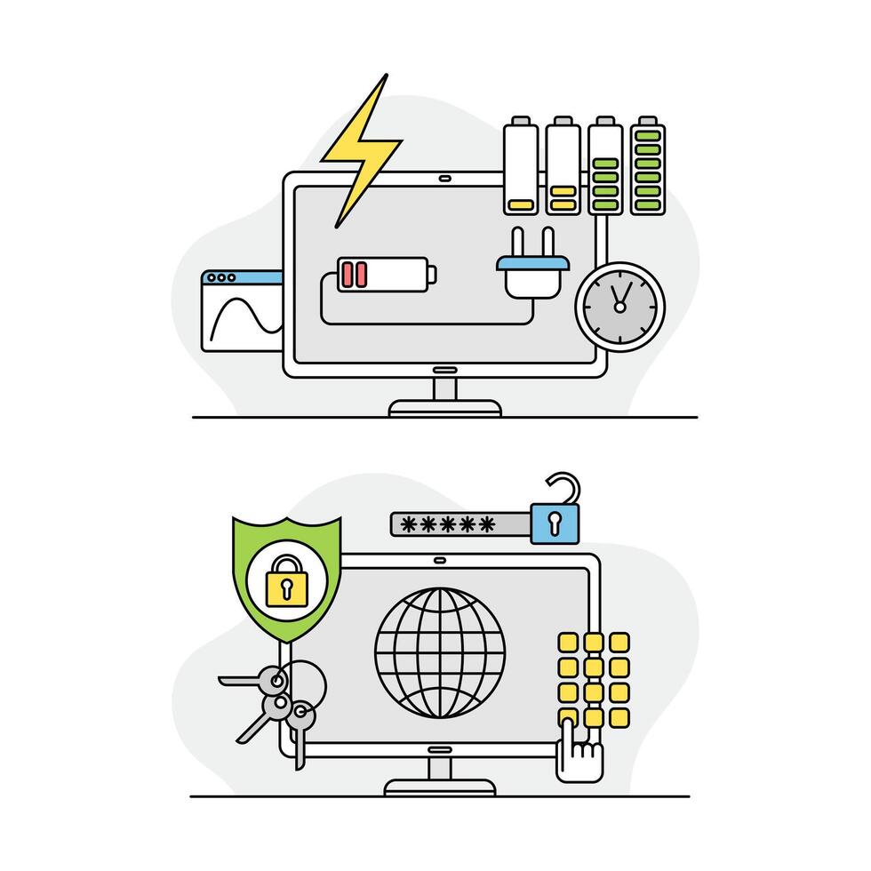 Computer diagnostics and repair, maintenance and technical support related symbols lined illustration vector