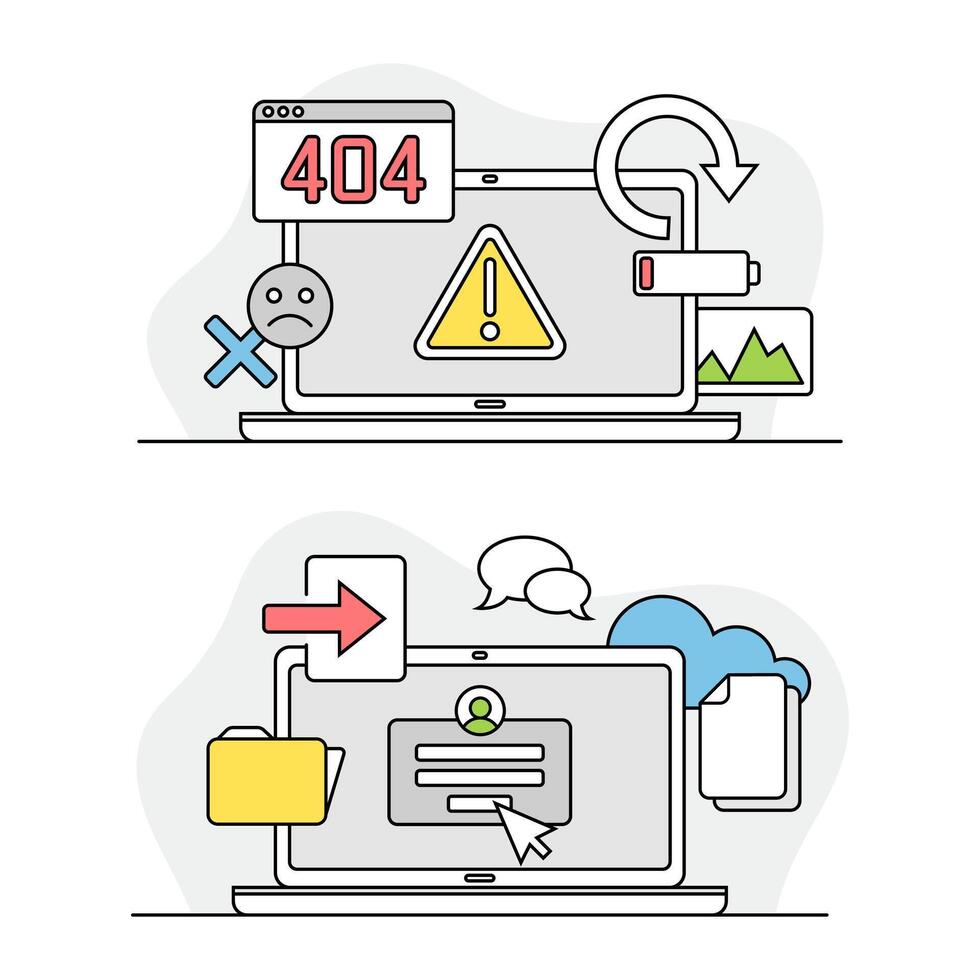 Computer repair service. error 404, disconnection from the Internet, hardware and computing cloud lined illustration vector