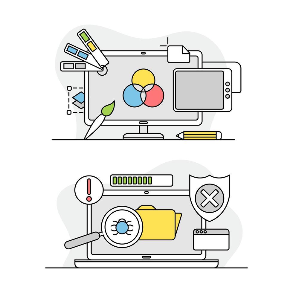 Computer screen with application tools and installing options set. Diagnostics and repair, maintenance and technical support related symbols lined illustration vector