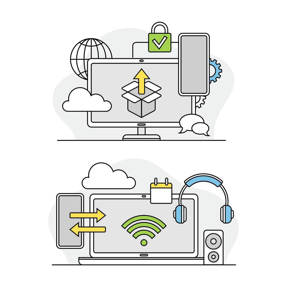 Computer screen with application tools and installing options set. Maintenance and technical support related symbols lined illustration vector