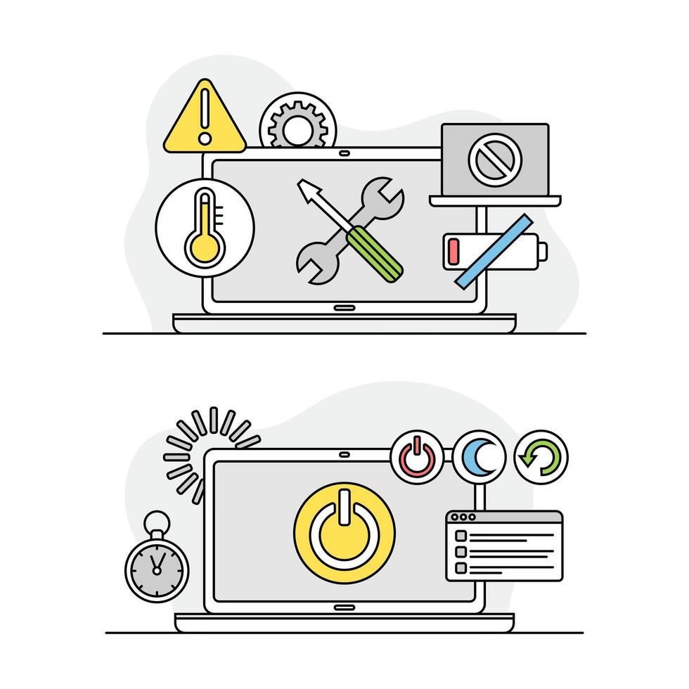 Computer screen with application tools and installing options set. Computer diagnostics and repair symbols lined illustration vector