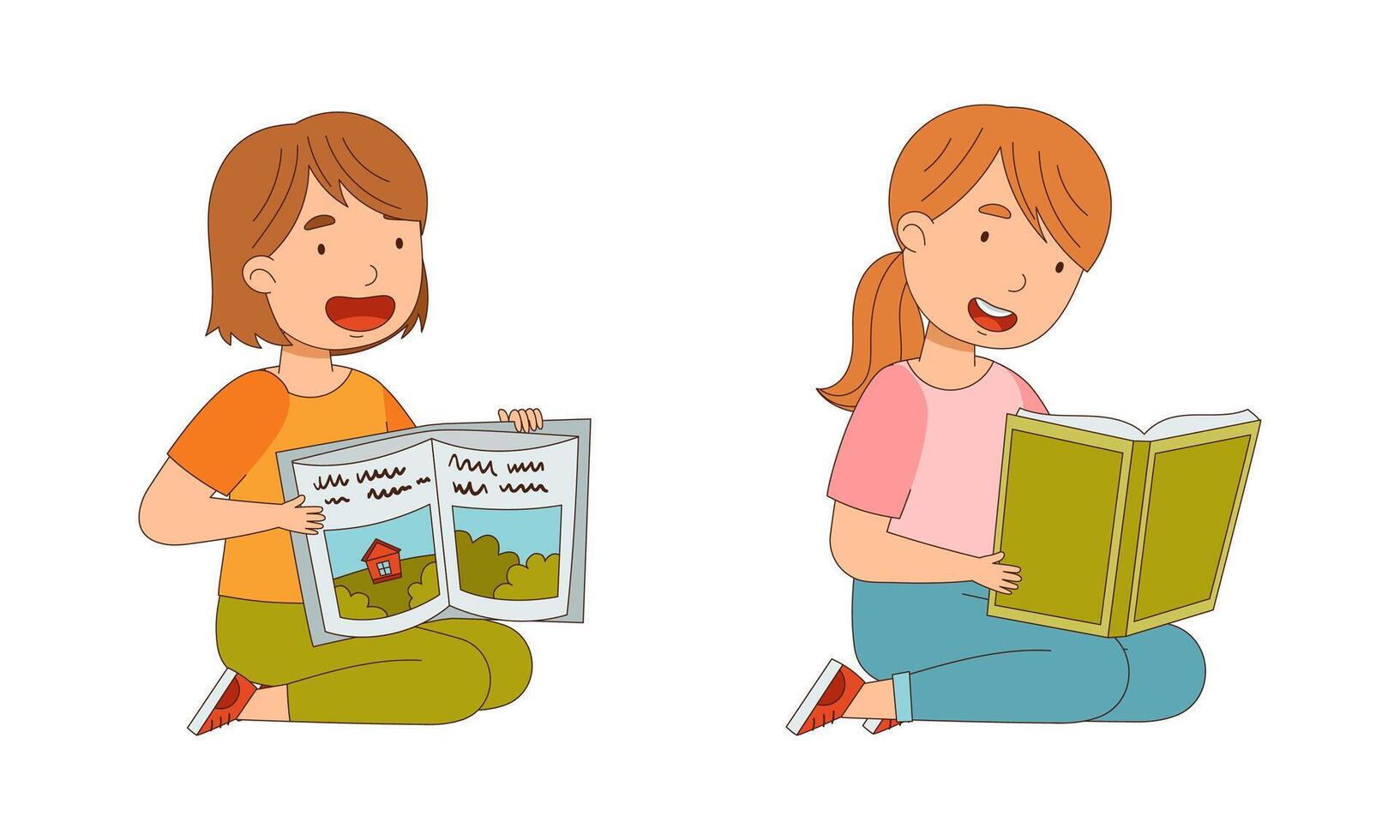 Cute girl sitting on the floor and reading books cartoon illustration vector