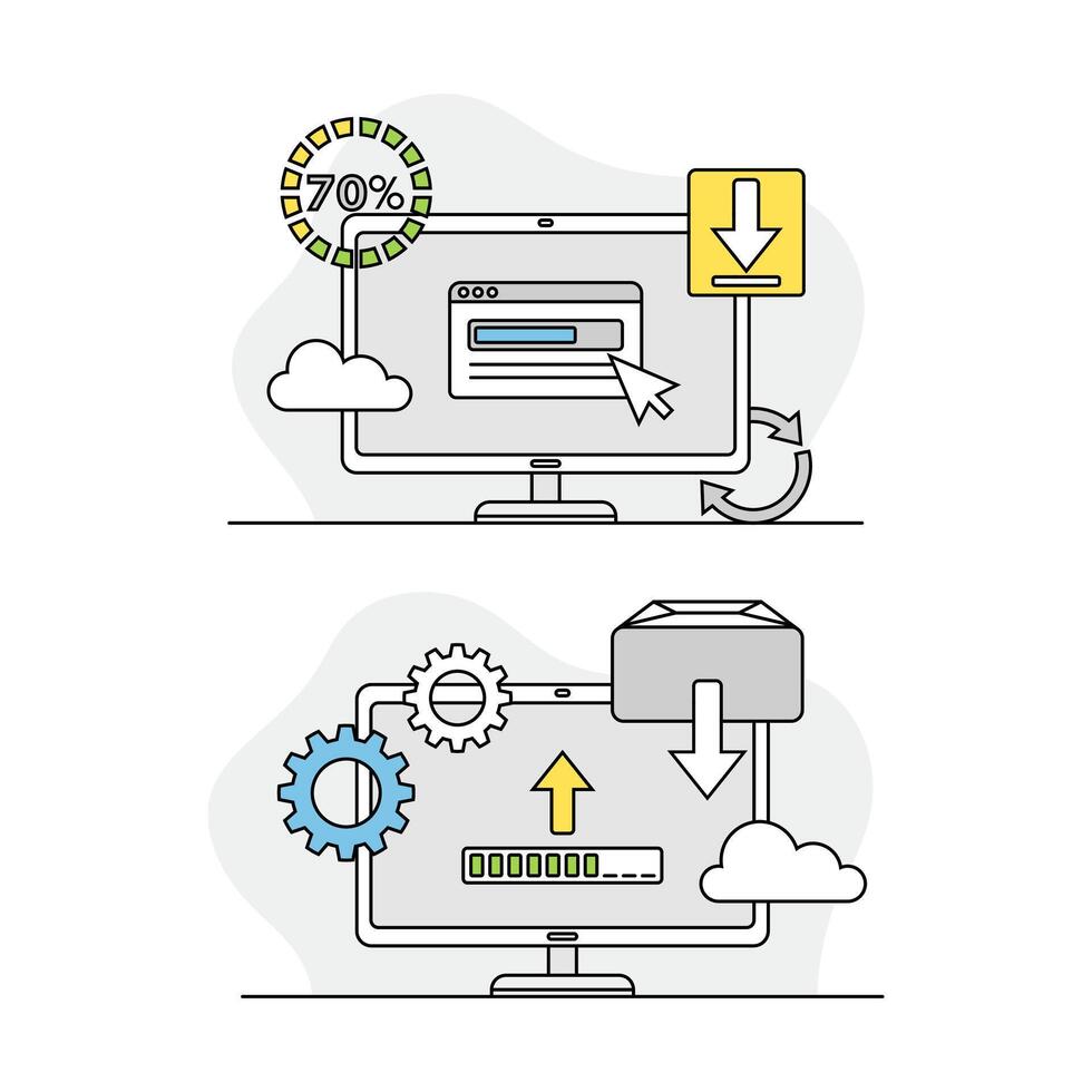 Computer diagnostics and repair. Monitor with working tools and installing options illustration vector