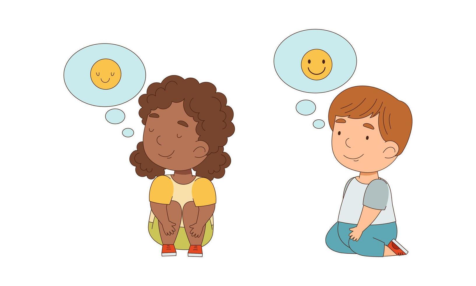 Cute little girl and boy expressing different emotions with speech bubbles set cartoon illustration vector