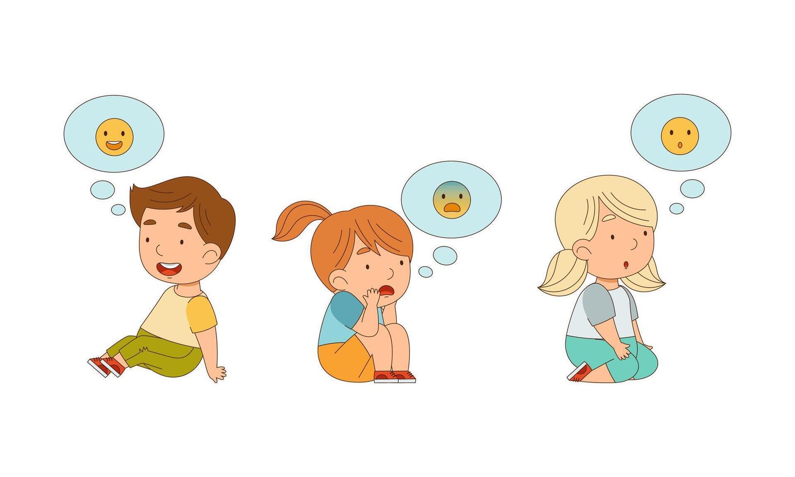 Adorable boy and girls sitting on floor expressing different emotions cartoon illustration vector
