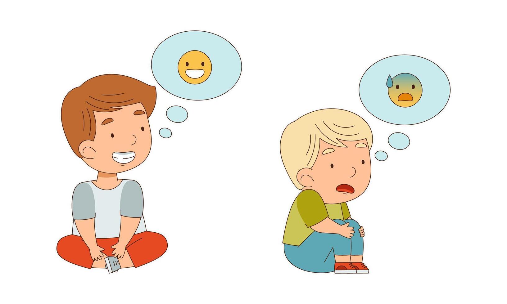 Adorable little boys sitting on floor expressing different emotions cartoon illustration vector