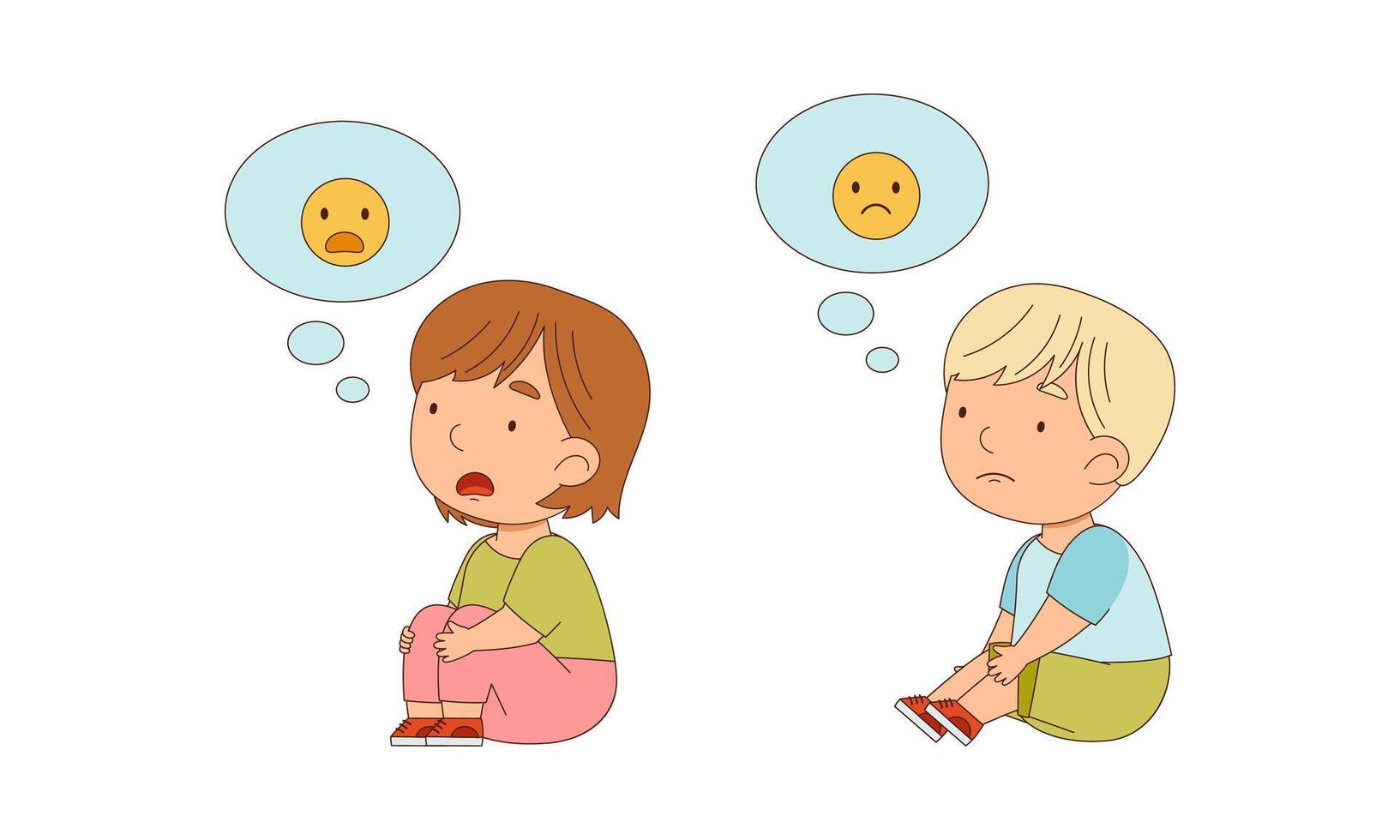 Cute little boy and girl sitting on floor expressing different emotions cartoon illustration vector