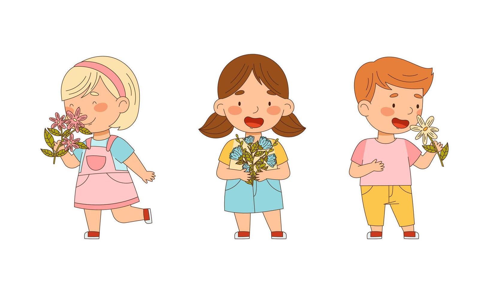 Preschool girls and boy holding and smelling wildflowers set cartoon illustration vector