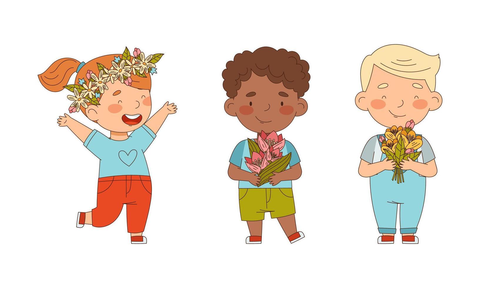 Happy adorable kids holding bouquet of bright spring flowers set cartoon illustration vector
