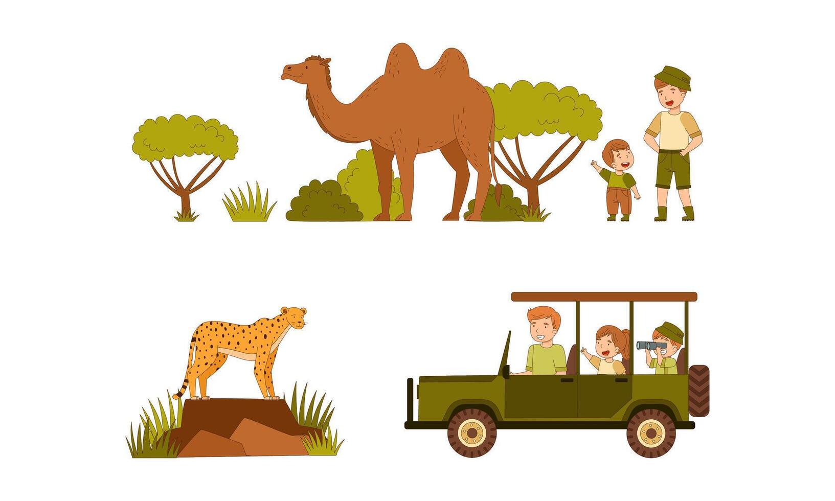 Family on safari tour. Parents and children visiting tropical national park watching camel and cheetah cartoon illustration vector