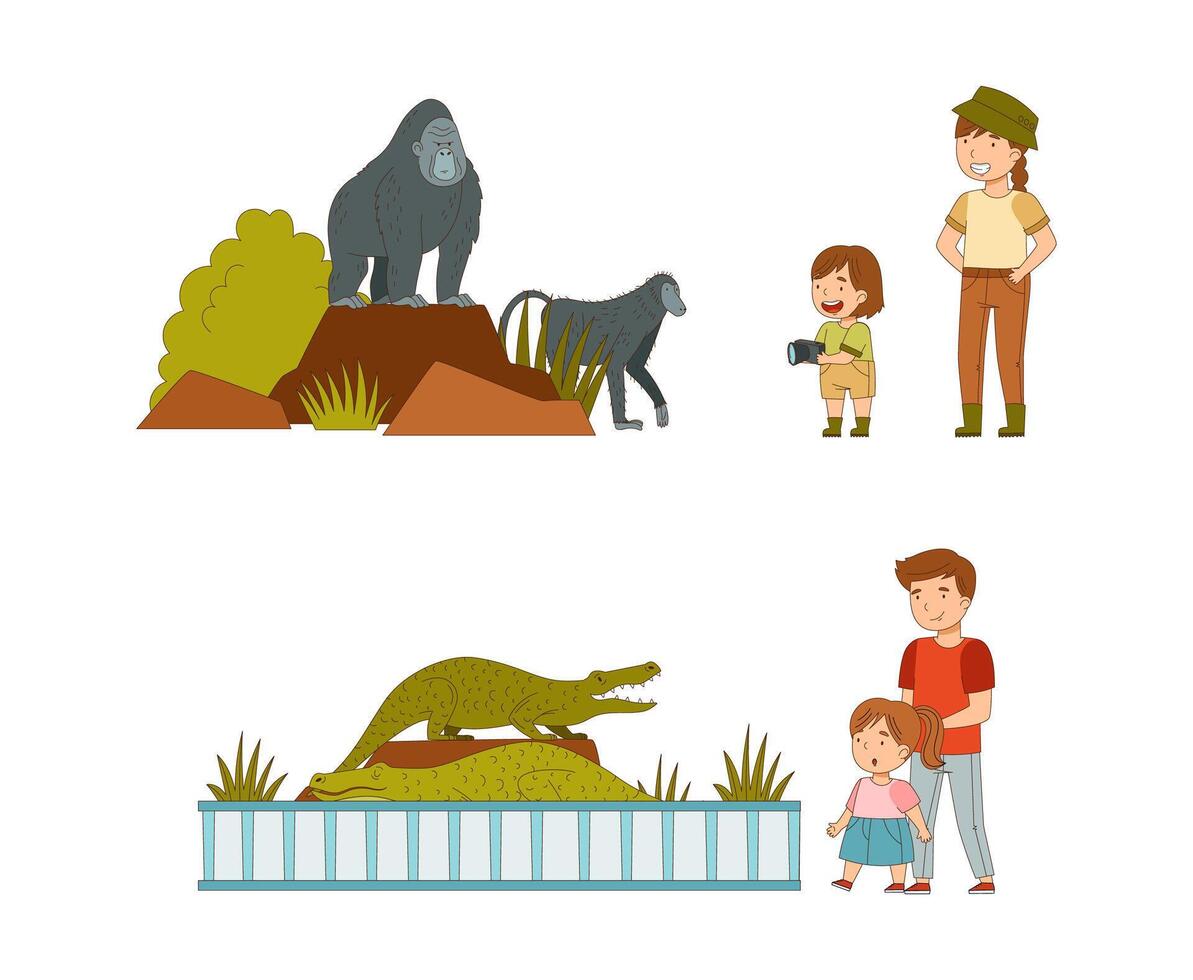 Family on safari tour. Parents and children visiting tropical national park watching gorilla and crocodile cartoon illustration vector